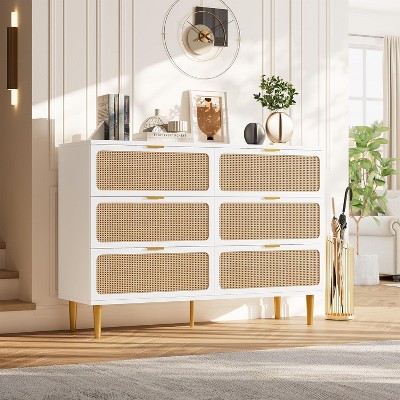 Zstar Bedroom Rattan Six Drawer Dresser, White