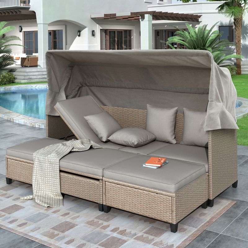 4-Piece UV-Resistant Wicker Patio Sofa Set with Retractable Canopy, Cushions and Lifting Table Brown-ModernLuxe, 1 of 13