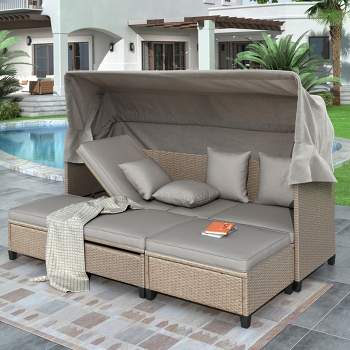 4-Piece UV-Resistant Wicker Patio Sofa Set with Retractable Canopy, Cushions and Lifting Table Brown-ModernLuxe