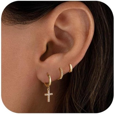 Gold Hoop Earrings Set for Women Trendy, 14K Gold Plated Chunky Hypoallergenic Small Diamond Cartilage Hoops Cute Cubic