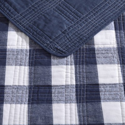 Twin White and Indigo Cotton Reversible Plaid Quilt Set