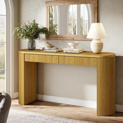 58" Modern Wood Console Table,Vertical Line Design,Storage Table with 2 Drawers and Curved Legs for Entryway or Living Room-Coolbibila