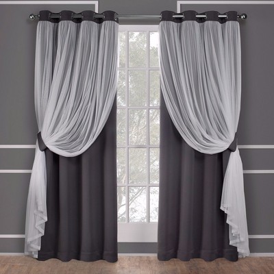 Set of 2 (63"x52") Caterina Layered Solid Blackout with sheer top Curtain Panels Black Pearl - Exclusive Home