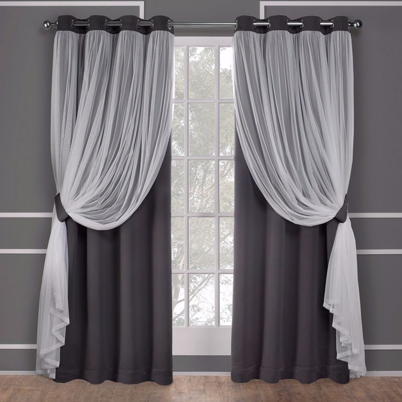 Set of 2 Caterina Layered Solid Blackout with sheer top Curtain Panels Black Pearl - Exclusive Home, 1 of 14