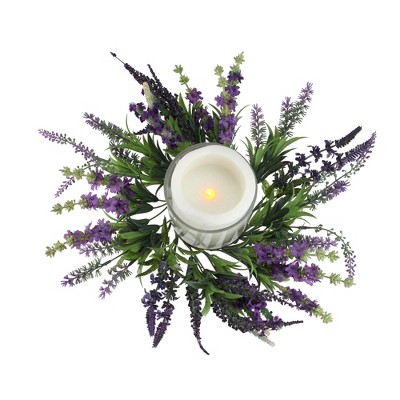 White and purple daisies with green leaves Small Hurricane Votive Candle Holder 