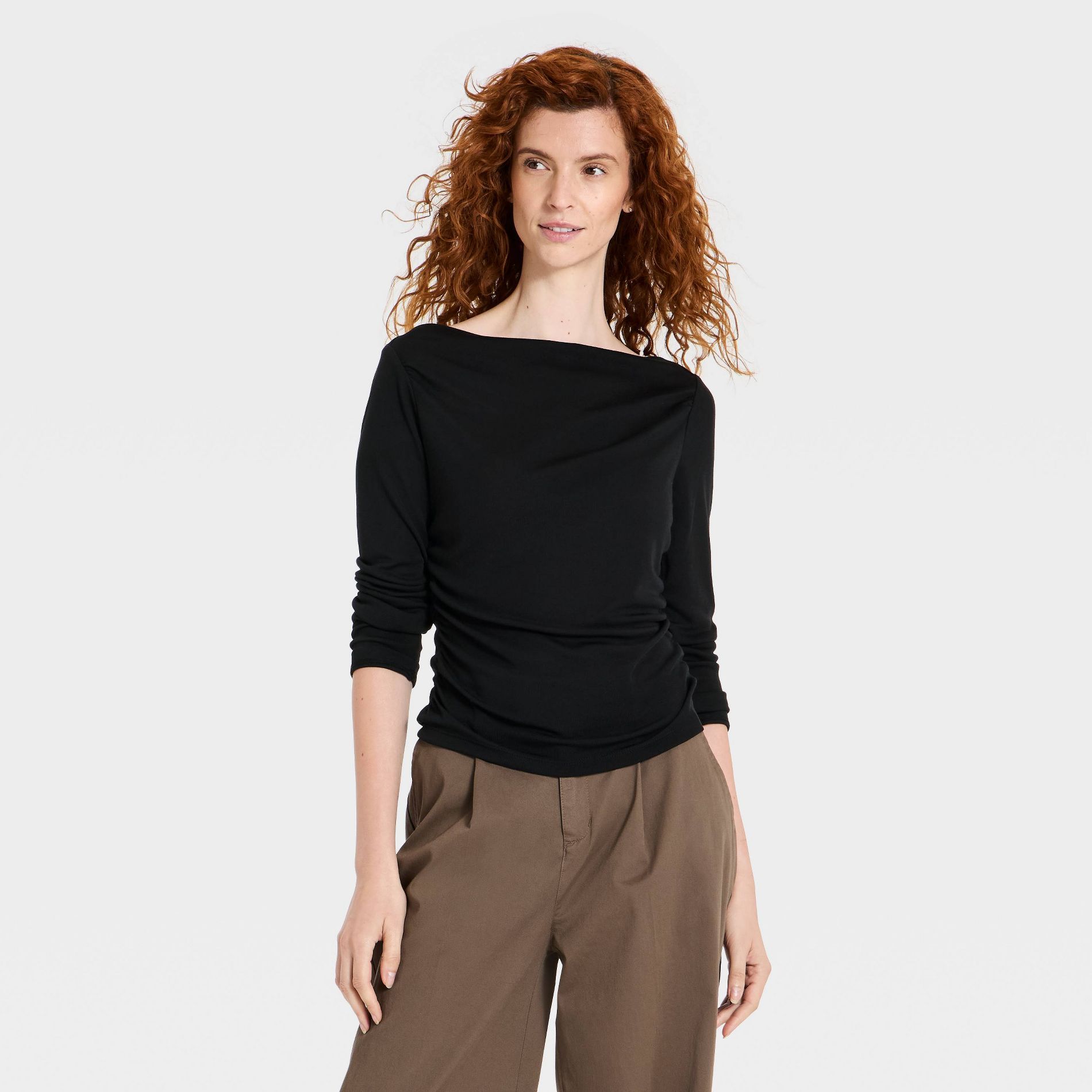 Women's Long Sleeve Featherweight Boat Neck Ruched T-Shirt - A New Day™