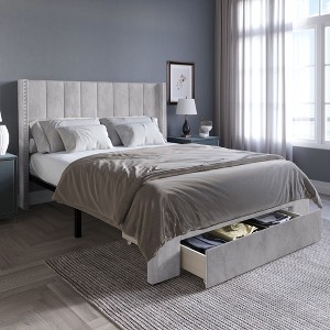 ChaletPosh Twin Size Platform Bed with Storage Silver Grey Velvet - 1 of 4