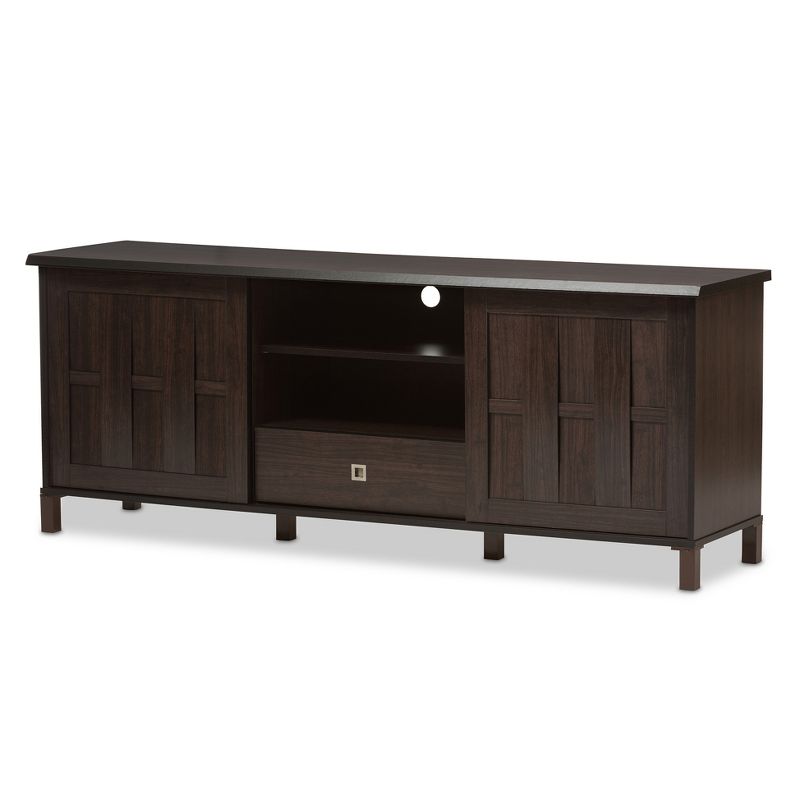 Unna Wood TV Cabinet with 2 Sliding Doors and Drawer TV Stand for TVs up to 70&#34; Dark Brown - Baxton Studio, 1 of 8