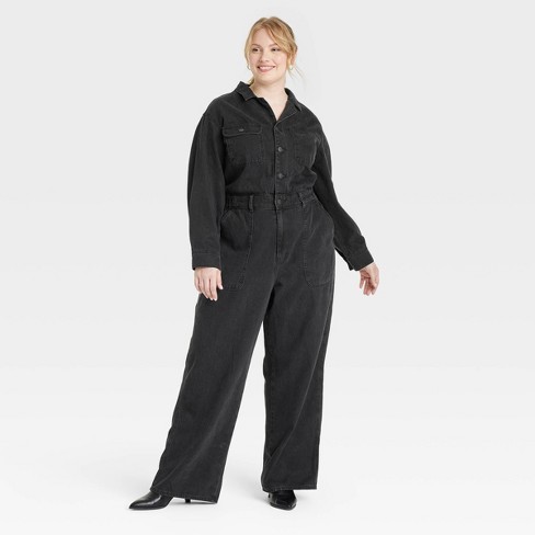 Women s Long Sleeve Utility Baggy Denim Jumpsuit Universal Thread Black 26 Target