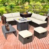 Tangkula 9 PCS Outdoor Patio Furniture Set w/ 30" Propane Fire Pit Table PE Wicker Space-Saving Sectional Sofa w/ Storage Box and Cushions Black/Gray/Navy/Red/Turquoise/Off White - 3 of 4