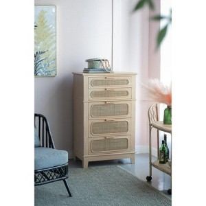 ORRD Bohemian Tall Chest with Cane Drawers, 46" Coastal Style Cabinet with Pine Wood Veneer for Living Room & Bedroom - 1 of 4