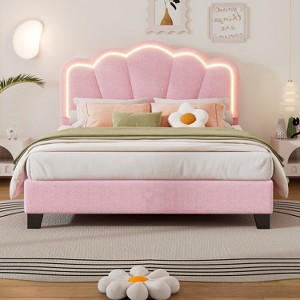 Twin/Full Size Upholstered Platform Bed with Adjustable Headboard and LED Light, White/Pink-ModernLuxe - 1 of 4