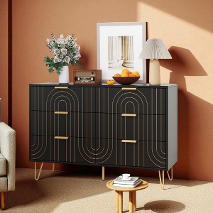 Mshliw Modern 6-Drawer Dresser with Carved Design and Metal Handles, Wide Chest of Drawers with Gold Legs for Bedroom, Living Room, or Hallway - 1 of 4