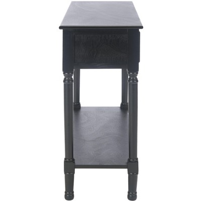 Elegant Black Metal and Wood Console Table with Carved Storage Drawers
