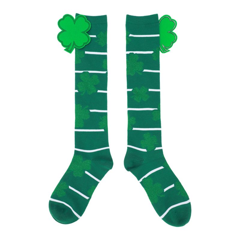 St. Patrick's Day 3D Felt Leprechaun & Clover Women's Green Knee-High Socks, 2 of 7