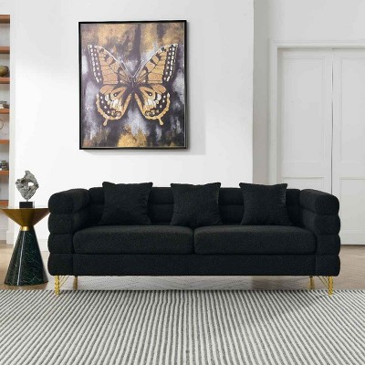 81 Inch 3 Seater Sectional Sofa for Living Room, Oversized Couch with Deep Seating and Pillows, Teddy Fabric Sofa with Metal Legs-Coolbibila