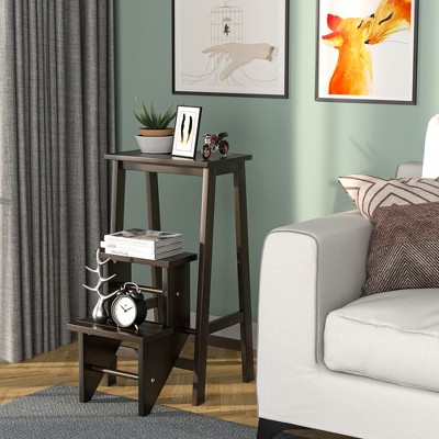 Brown Rubber Wood Foldable 3-Tier Step Stool and Storage Shelf