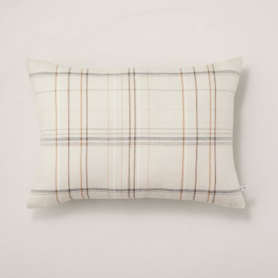 14" x 20" Thin Stripe Plaid Lumbar Throw Pillow Beige/Navy/Brown - Hearth & Hand™ with Magnolia