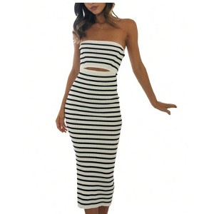 Nmoder Women Summer Casual Tube Dresses Strapless Backless Hollowed Striped Patchwork Long Dress Clubwear - 1 of 4