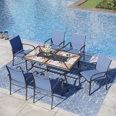 Captiva Designs 7pc Patio Dining Set with Wood-look Rectangle Steel Table & Sling Fixed Chairs