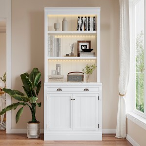 83.4"H Tall Bookshelf with LED Lighting, Modern Storage Bookcase with Open Shelves and Drawers/Desks/Doors, White-ModernLuxe - 1 of 4
