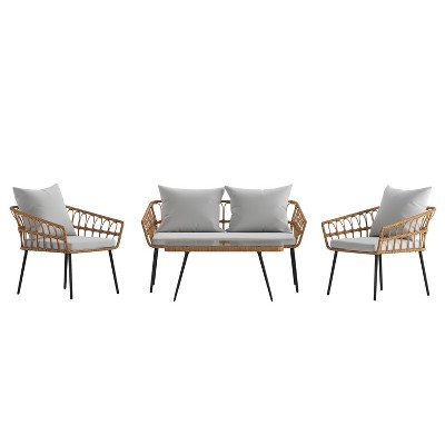 Gray and Natural Wicker Rattan 4-Piece Patio Conversation Set with Glass Table