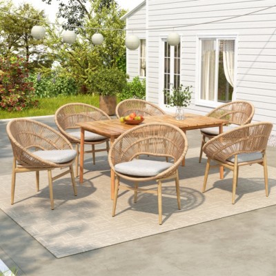 7-PCS Outdoor Patio Dining Sets with Wood Table & 6 Wicker Chairs with Cushions,All-Weather Dining Furniture for Backyard or Porch-Maison Boucle