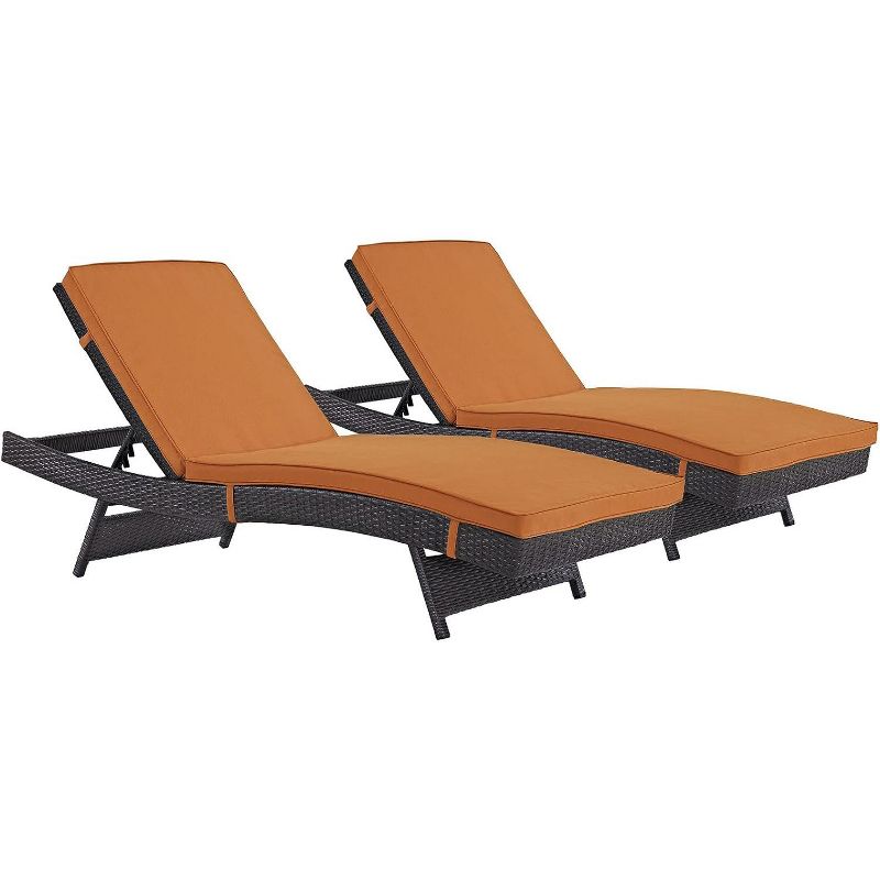 Modway Convene Wicker Rattan Outdoor Patio Chaise Lounge Chairs in Espresso Orange - Set of 2, 1 of 2