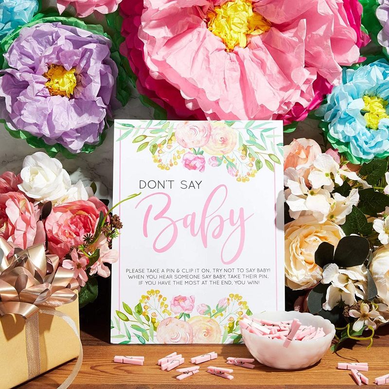 Sparkle and Bash Floral Baby Shower Clothespin Game For Girl, Don't Say Baby Theme with 60 Pink Clothes Pins and 8x10-Inch Sign, 2 of 9