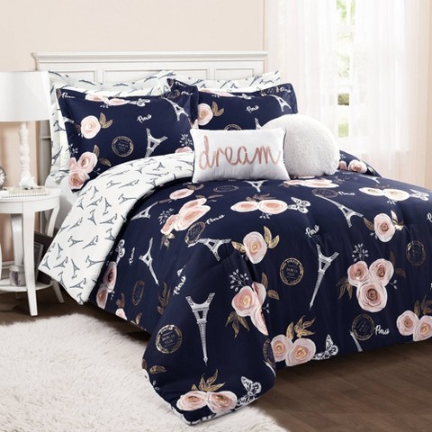 Lush Decor Lush Décor Full/Queen 7pc Vintage Paris Rose Butterfly Script Comforter Set Navy: Microfiber, Embroidered, Teen Bedding