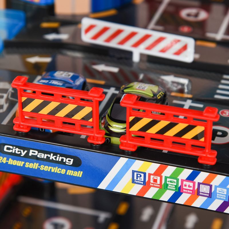 Qaba 7-Level Car Parking Garage Toy Dual Race Tracks Car Ramp Set Toddler Car Games 102 PCS w/ Electric Elevator Wash, Gas, 5 of 7
