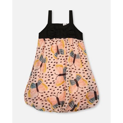 Deux par Deux Girl Printed Bubble Dress Black and Pink Butterflies