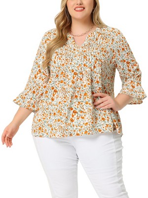 Agnes Orinda Women's Plus Size V Neck Babydoll 3/4 Sleeve Floral Flowy  Blouse Black 3x : Target