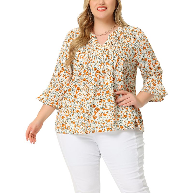 Agnes Orinda Women's Plus Size Pleated Ruffle 3/4 Sleeves Pintuck V Neck Floral Blouses, 1 of 6