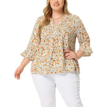 Agnes Orinda Women's Plus Size Pleated Ruffle 3/4 Sleeves Pintuck V Neck Floral Blouses