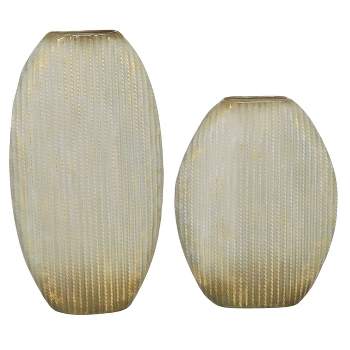 Set of 2 Oval Textured Metal Vase White/Gold - Olivia & May