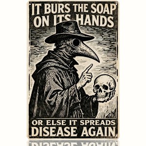 Lomsoe Plague Doctor "Wash Your Hands" Sign - 8x12 Inch Funny Gothic Bathroom Decor, Vintage Metal Tin Wall Art - 1 of 4