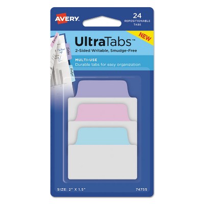 Avery Ultra Tabs Repositionable Tabs 2 x 1 1/2 Pastel: Blue Pink Purple 24/Pack 74755