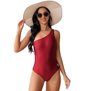 Womens One Piece Swimsuits One Shoulder Bodycon Stretchy Plain Back Basic Swimwear Cheeky One Piece Wine Swimsuits - 1 of 4