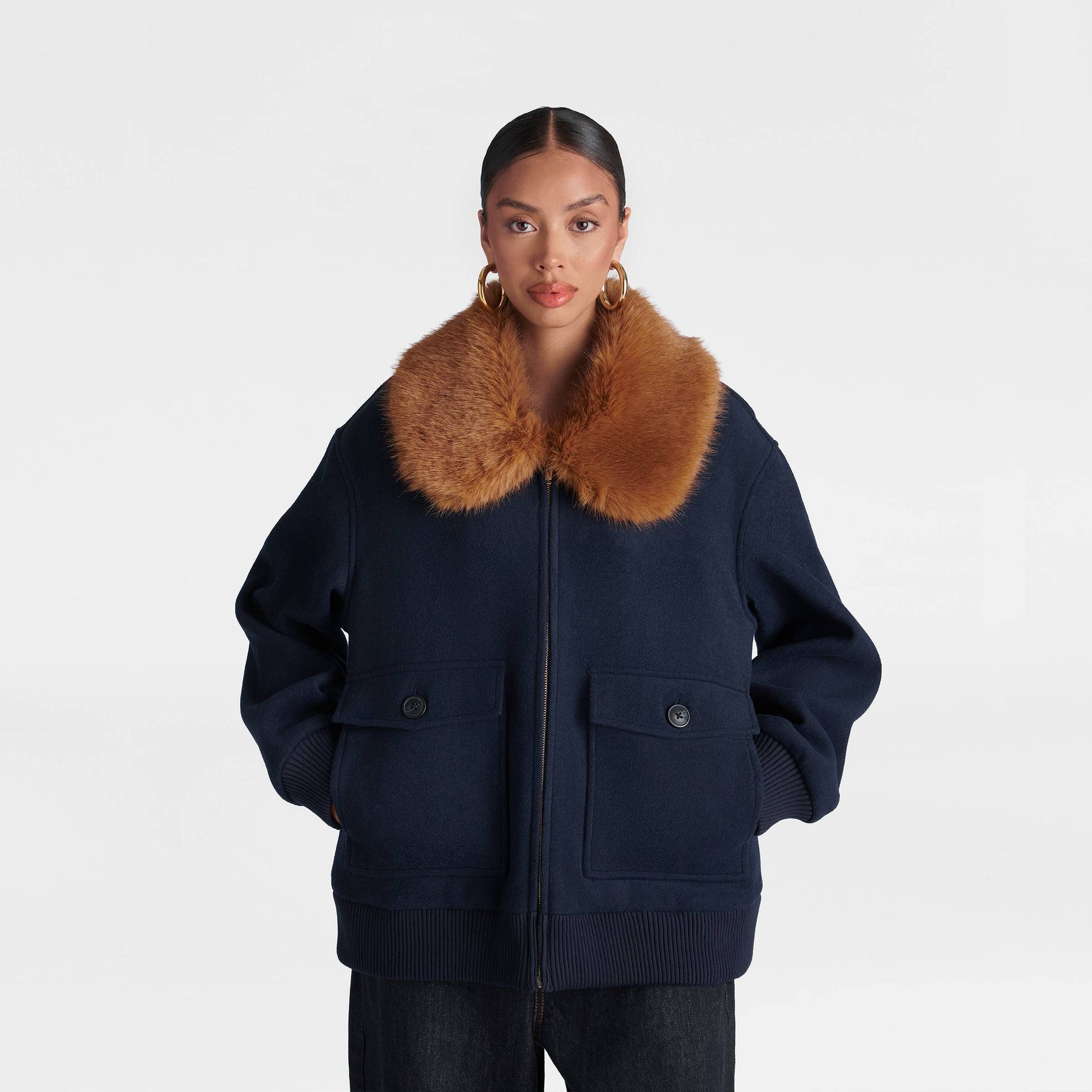 KBB by KAHLANA Women's 'The Faux Fur Collar Bomber' - Navy Blue/Teddy Brown