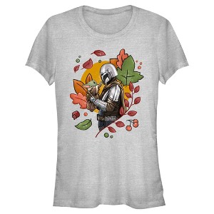 Juniors Womens Star Wars: The Mandalorian Grogu and Din Djarin Fall Leaves Love T-Shirt - 1 of 4