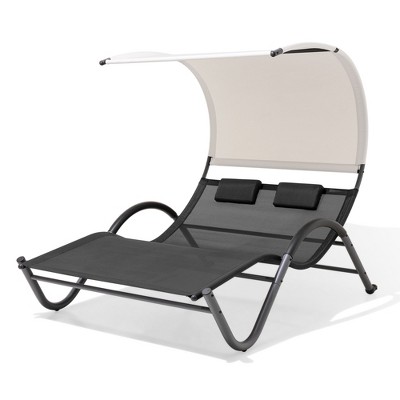 Pellebant Outdoor Double Chaise Lounge Chair with Canopy Shade & Wheels, Double Sun Bed Lounger