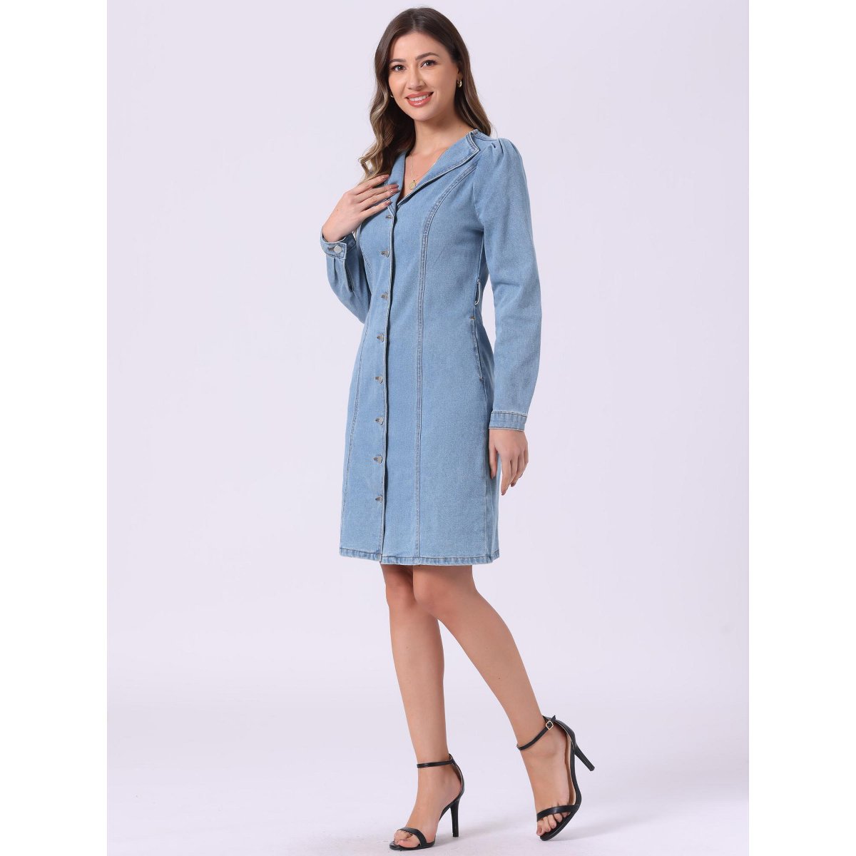 Женские платья INSPIRE CHIC Women's Winter Long Sleeve Vintage Button Down Denim Shirt Dresses with Belt Light Blue X-Large — фото 3