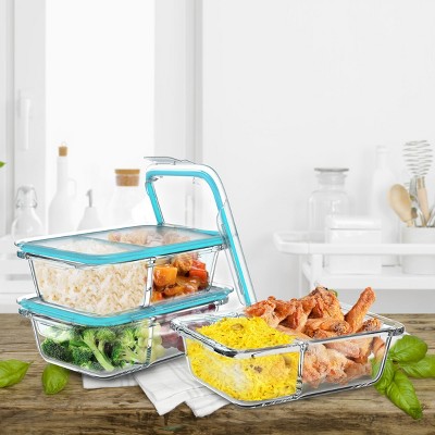 Glass Food Storage Containers-3, Two Compartment Portion Control Meal Prep Glassware with Snap Shut Lids-Microwave, Dishwasher Safe by Hastings Home