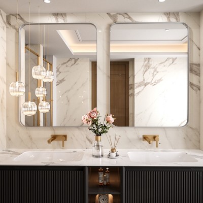 Tempered Glass Rounded Rectangle Framed Wall-Mounted Bathroom Vanity Mirror
