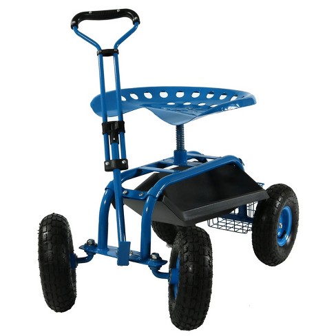 Sunnydaze Outdoor Lawn And Garden Heavy-duty Steel Rolling Gardening Cart  With Extendable Steer Handle, Swivel Chair, Tool Tray, And Basket - Blue :  Target