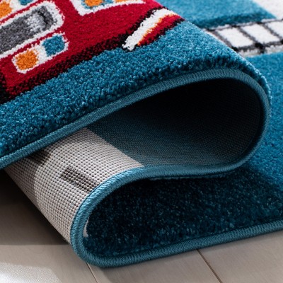 Turquoise and Ivory Square Kids Train Track Area Rug