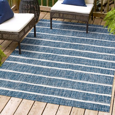 Blue and Ivory Striped Synthetic Reversible Area Rug