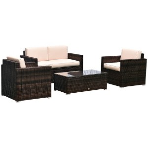 Outsunny 4-Piece Rattan Wicker Furniture Set, Outdoor Cushioned Conversation Furniture with 2 Chairs, Loveseat, and Glass Coffee Table - 1 of 4