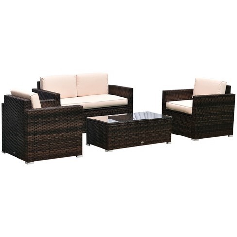 Outsunny 4-piece Rattan Wicker Furniture Set, Outdoor Cushioned  Conversation Furniture With 2 Chairs, Loveseat, And Glass Coffee Table :  Target